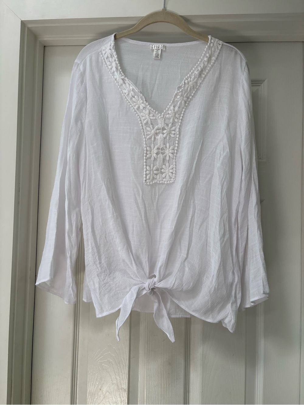 Spense White V-Neck Crochet-Trim Tie-Front Tunic